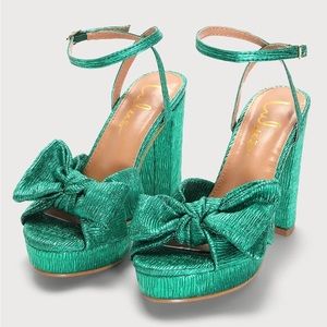 LULUS Lilsa Green Metallic Bow Platform Ankle Strap Heels